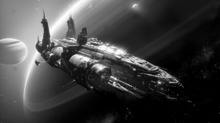 Wall Mural - Monochrome sci fi spaceship in deep space planets stars rings, vast black and white space battle cruiser