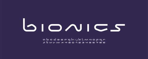 Wall Mural - technical wide future font, digital cyber alphabet, trendy white letters from a to z and numbers fro