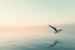 A serene image of Tropeognathus gliding over a calm sea at dawn, reflecting soft morning light. The peaceful scene contrasts its hunting prowess, focusing on its graceful flight
