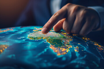 the world in the hands of finance, a businessman pointing africa on earth globe map with index finge