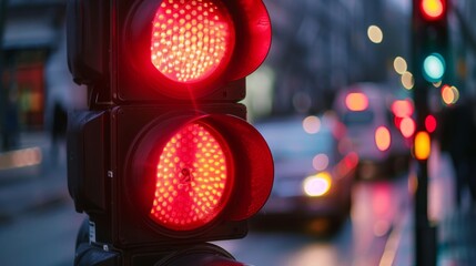 Aufkleber - A close-up of a red traffic light, signaling vehicles to stop and ensure safety at a busy urban junction.