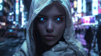 Wall Mural - Close up portrait of woman wearing white hoodie and blue eyes on modern cyber street AI generated image