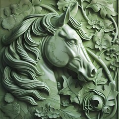 Classic green horse stone carving wallpaper. 3d illustration 