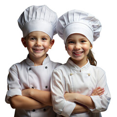 Two Smiling Young Chefs in White Uniforms Posing for Culinary Class Portrait