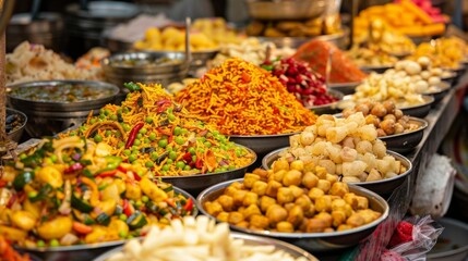 A colorful array of Indian street food snacks, including chaat, bhel puri, and vada pav, served on paper plates at a bustling market stall.