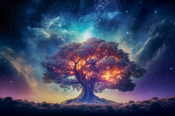 Wall Mural - cosmic nebula growing gigantic tree, growing on asteroid,tree of life, art design