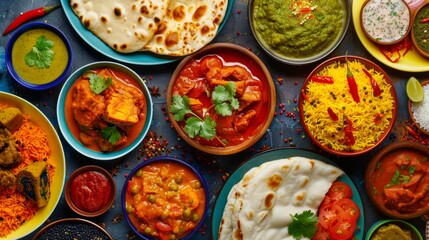 A colorful array of traditional Indian dishes, including curry, rice, and naan bread, served on a vibrant platter bursting with flavor.