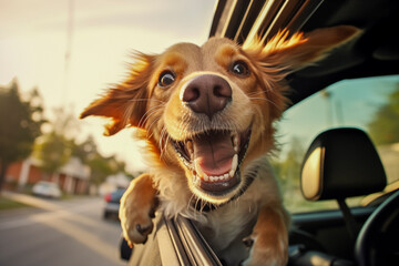 Wall Mural - Head of happy lap dog looking out of car window.