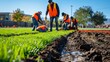 © Flow_control - Team of landscapers meticulously installing new grass in a public park. Community development and urban beautification concept. Design for landscaping company profiles, city improvement projects