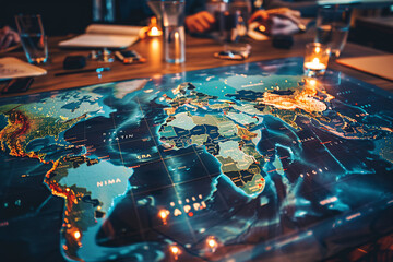 Wall Mural - A networking event for international investors, showcasing a world map filled with investment cooperation and trade development projects