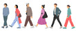  Set of young men and women , different colors, cartoon character, group of silhouettes of walking business people, students, design concept of flat icon, isolated on white background