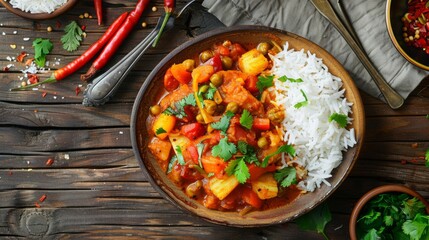 A colorful vegetarian curry dish made with mixed vegetables and aromatic spices, served with fluffy basmati rice on a ceramic plate.