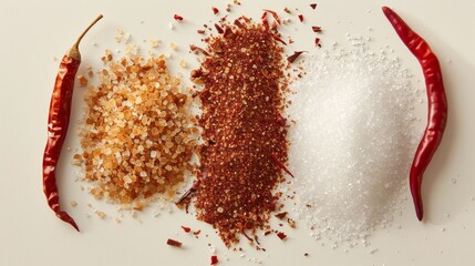 A composition of coarse salt, brown sugar, and whole chili peppers, highlighting the essential ingredients for creating flavorful marinades and rubs.