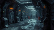 Spooky dark corridor in futuristic spaceship, scary alien spacecraft interior like in scifi movie. Concept of future, space, industrial tunnel, fantasy, ship