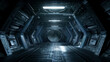 Gloomy dark corridor in futuristic spaceship, spacecraft interior with outside door like in scifi movie. Concept of future, space, industrial room, background