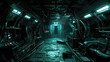 Gloomy dark corridor in futuristic spaceship, scary alien spacecraft interior like in scifi movie. Concept of future, space, industrial room, fantasy, background