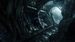 Spooky dark corridor in futuristic spaceship, scary alien spacecraft interior like in scifi movie. Concept of future, space, industrial tunnel, horror, background