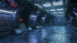 Dark corridor in futuristic spaceship, spacecraft interior with equipment like in scifi movie. Concept of future, space, industrial room, background.