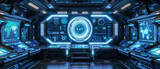 Fototapeta  - Interior of futuristic command center, control room of spy base or spaceship with digital dashboards and screens. Concept of intelligence, technology, future,