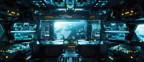 Wall Mural - Spaceship cabin interior, dark cockpit with computer screens and dashboard, futuristic command room of spacecraft. Concept of sci-fi, space station, map, monitor, technology