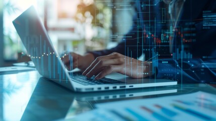 Poster - A financial planner analyzing data on a laptop, surrounded by charts and graphs, strategizing for future financial endeavors.