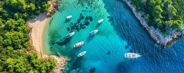 Wall Mural - Aerial view of boats moored in a tranquil cove with turquoise water and reflections, Primorje-Gorski Kotar, Croatia.