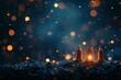 Abstract background for Three Kings day, Dia de los Reyes Magos, Epiphany day holiday celebration night. Small figures of three wise men on navy blue background with bokeh lights