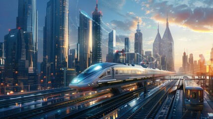 Aufkleber - A futuristic city skyline with high-speed trains crisscrossing above, illustrating the integration of rail transport into urban environments.