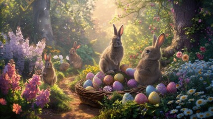 A fantasy garden with cute rabbit family staying together at nest with easter egg in spring season. The wild buunny family with big ear at green forest with sun shine on the ground. Easter egg. AIG42.