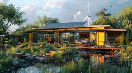 Wall Mural - electrical grid powered by a modern renewable energy power plant. complete with solar panels and win
