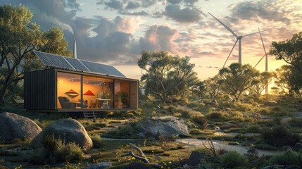 Wall Mural - electrical grid powered by a modern renewable energy power plant. complete with solar panels and win