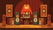 © Justlight - A woodpaneled study equipped with rare and vintage speakers from all around the world creating a surround sound experience. Vector illustration