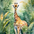 Watercolor and painting cute giraffe wildlife ​​animal in the jungle illustration