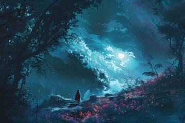 Canvas Print - A person is walking through a forest at night, with a full moon in the sky