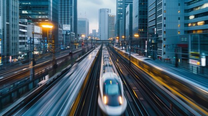 Aufkleber - A high-speed train passing through urban skyscrapers, highlighting its role in connecting bustling city centers.