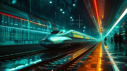 Leinwandbilder - A high-speed train platform at night, illuminated by the glow of overhead lights as passengers await their sleek and swift transport.