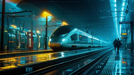 Leinwandbilder - A high-speed train platform at night, illuminated by the glow of overhead lights as passengers await their sleek and swift transport.
