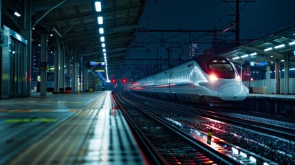 Leinwandbilder - A high-speed train platform at night, illuminated by the glow of overhead lights as passengers await their sleek and swift transport.