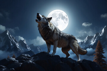 A wolf leader called his friends at night on a full moon in the hills