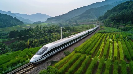 Fototapete - A high-speed train zooming past scenic countryside landscapes, demonstrating the seamless connection between urban centers.