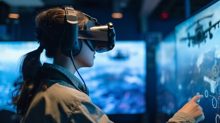 Wall Mural - man taking controls from the office on the submarine with new technology and camera 