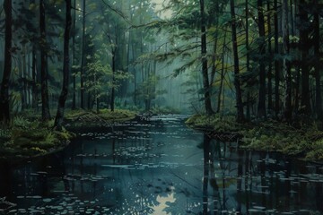 Wall Mural - A painting of a forest with a river running through it