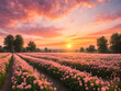 Romantic Rendezvous: Soft Peach Sunset Bathes a Field of Flowers in Glow. A Pastel Sunset Over a Flowery Landscape. generative AI