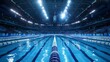 Inspiring panorama of an Olympic-sized swimming pool, shimmering under the glare of stadium lights