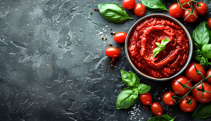 Wall Mural - Bowl with tasty tomato paste and fresh vegetables on grunge background