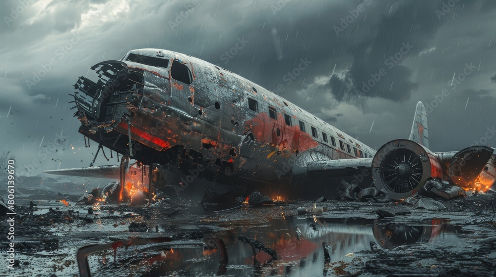A crashed airplane lies in a field, its fuselage split open and its ...