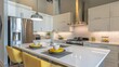 A modern kitchen with stainless steel appliances, quartz countertops, and subway tile backsplash, epitomizing sleek contemporary design.