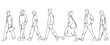 Vector silhouettes of men and women, group of walking business people, teenagers, profile, linear sketch, black color isolated on white background