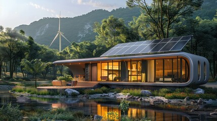 Wall Mural - beautiful house in the middle of the forest, built for using state-of-the-art renewable energy inclu