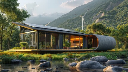 Wall Mural - beautiful house in the middle of the forest, built for using state-of-the-art renewable energy inclu